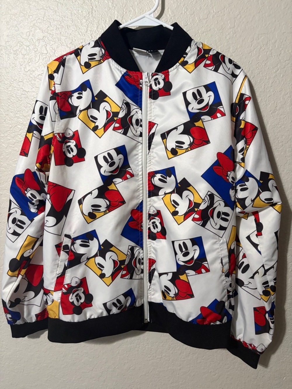 Adult White Mickey Mouse Print Bomber Jacket
